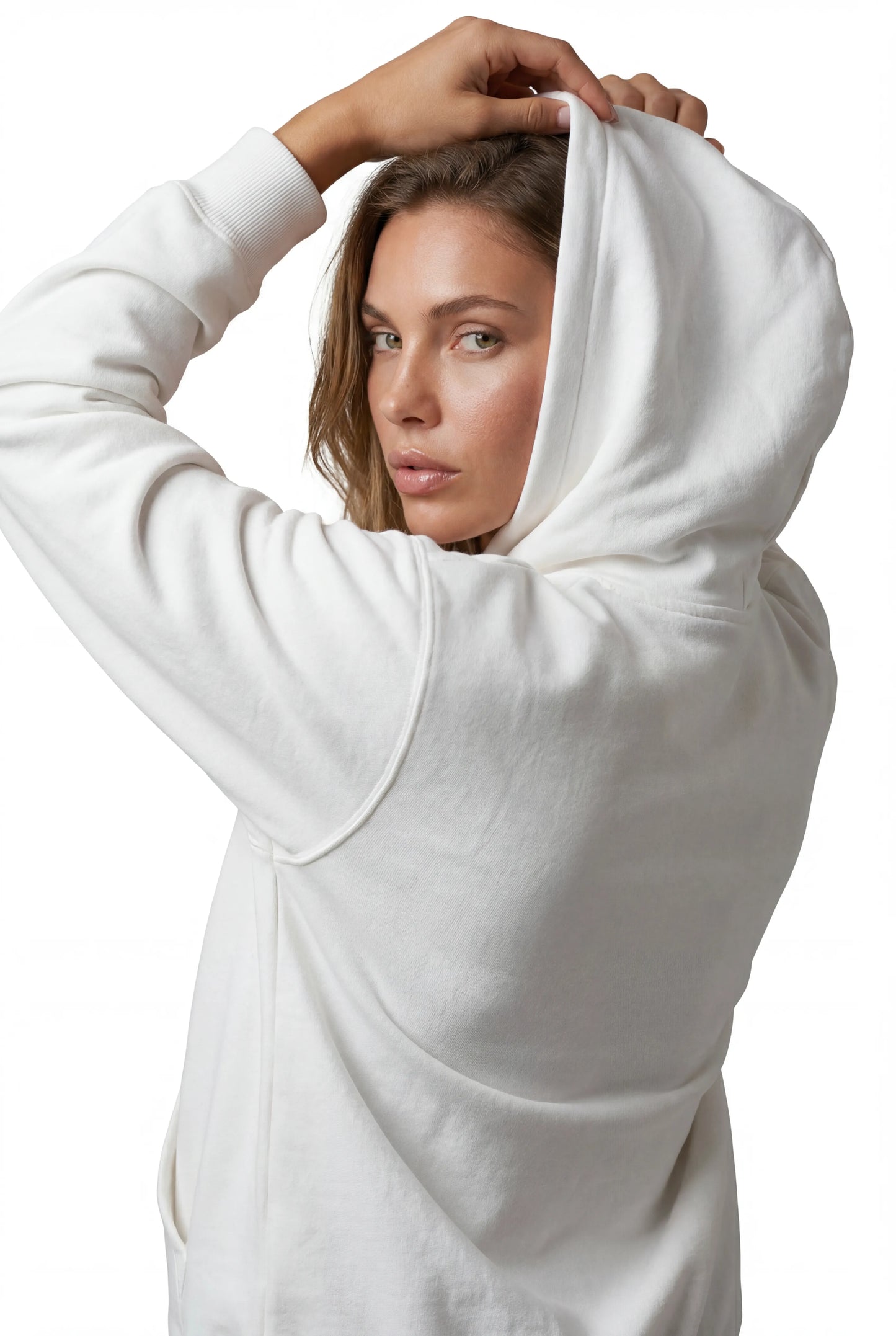 Felpa con Zip Bianca con Cappuccio – Comfort Morbido - Vista Posteriore Dettaglio