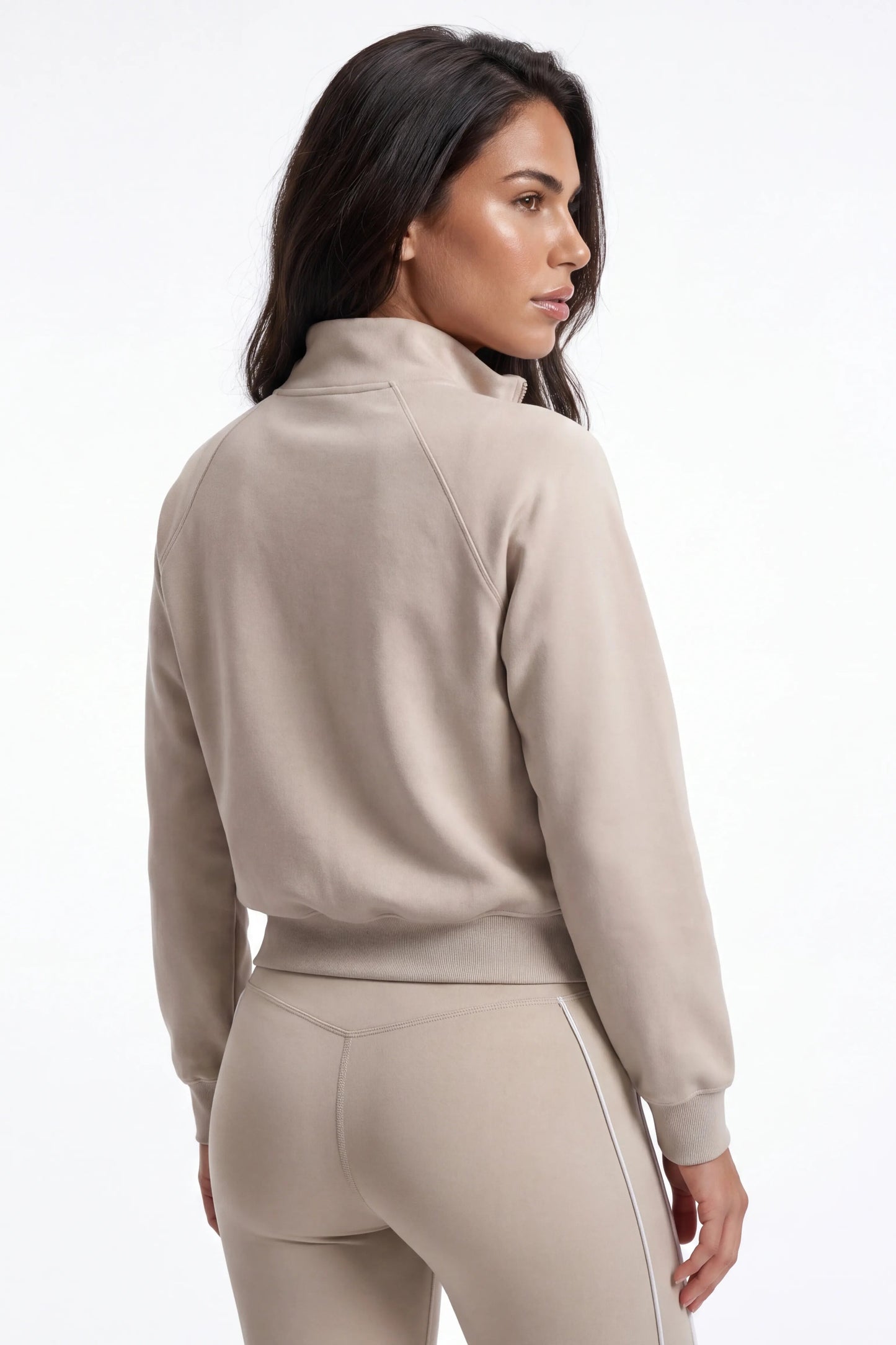 Giacca Sportiva da Donna Beige Full Zip con Dettaglio a Contrasto per Allenamento e Tempo Libero - Vista posteriore