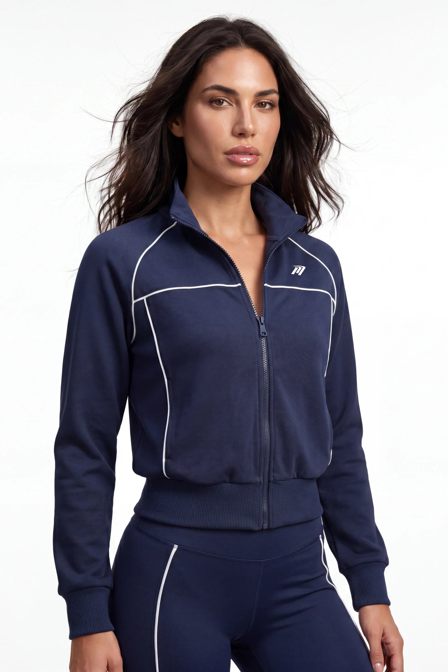Giacca Sportiva da Donna Blu Navy Full Zip con Dettaglio a Contrasto per Allenamento e Tempo Libero - Vista frontale