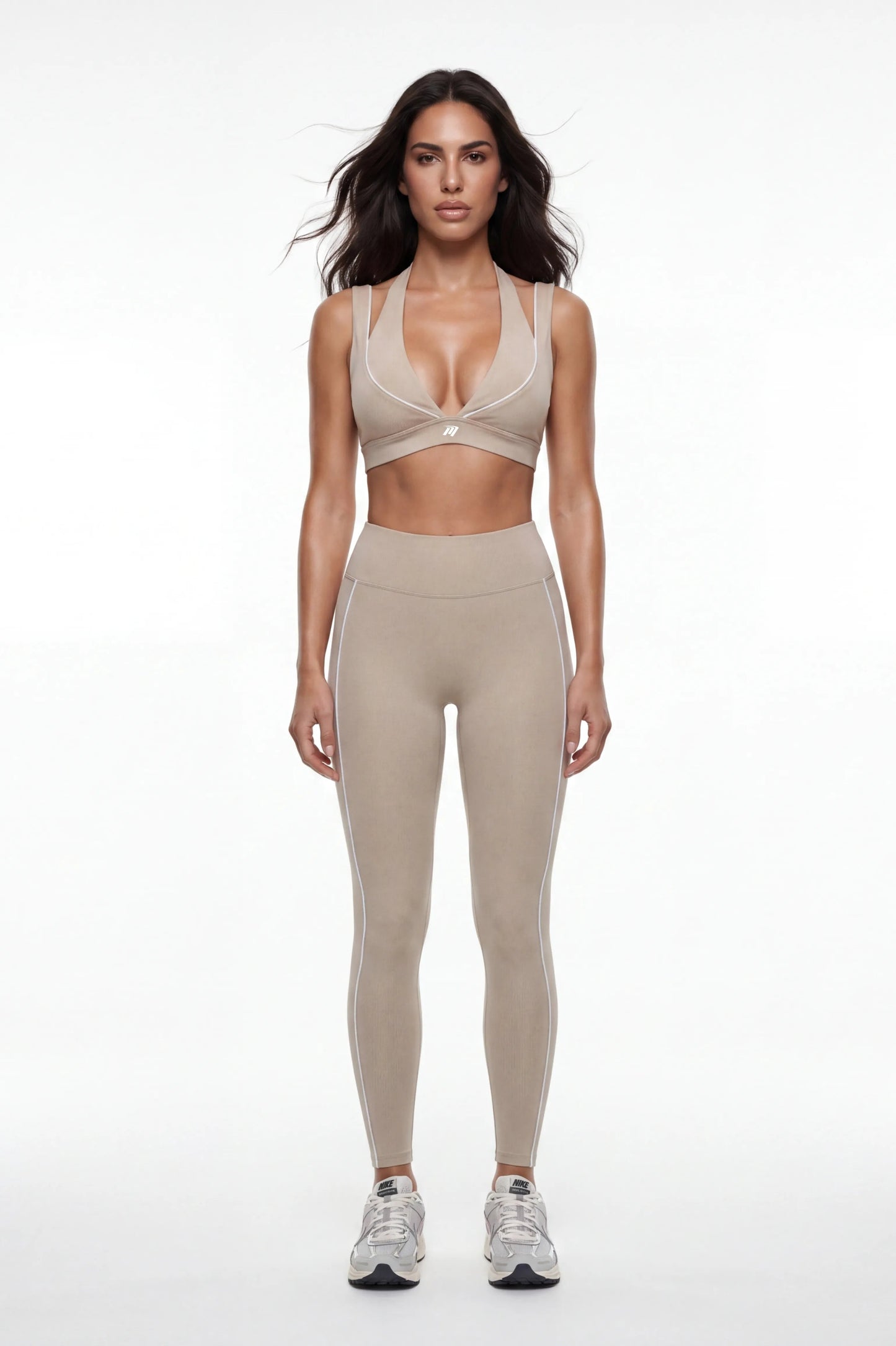 Legging Sportivo da Donna Beige ad Alta Compressione con Dettaglio a Contrasto - Vista Frontale