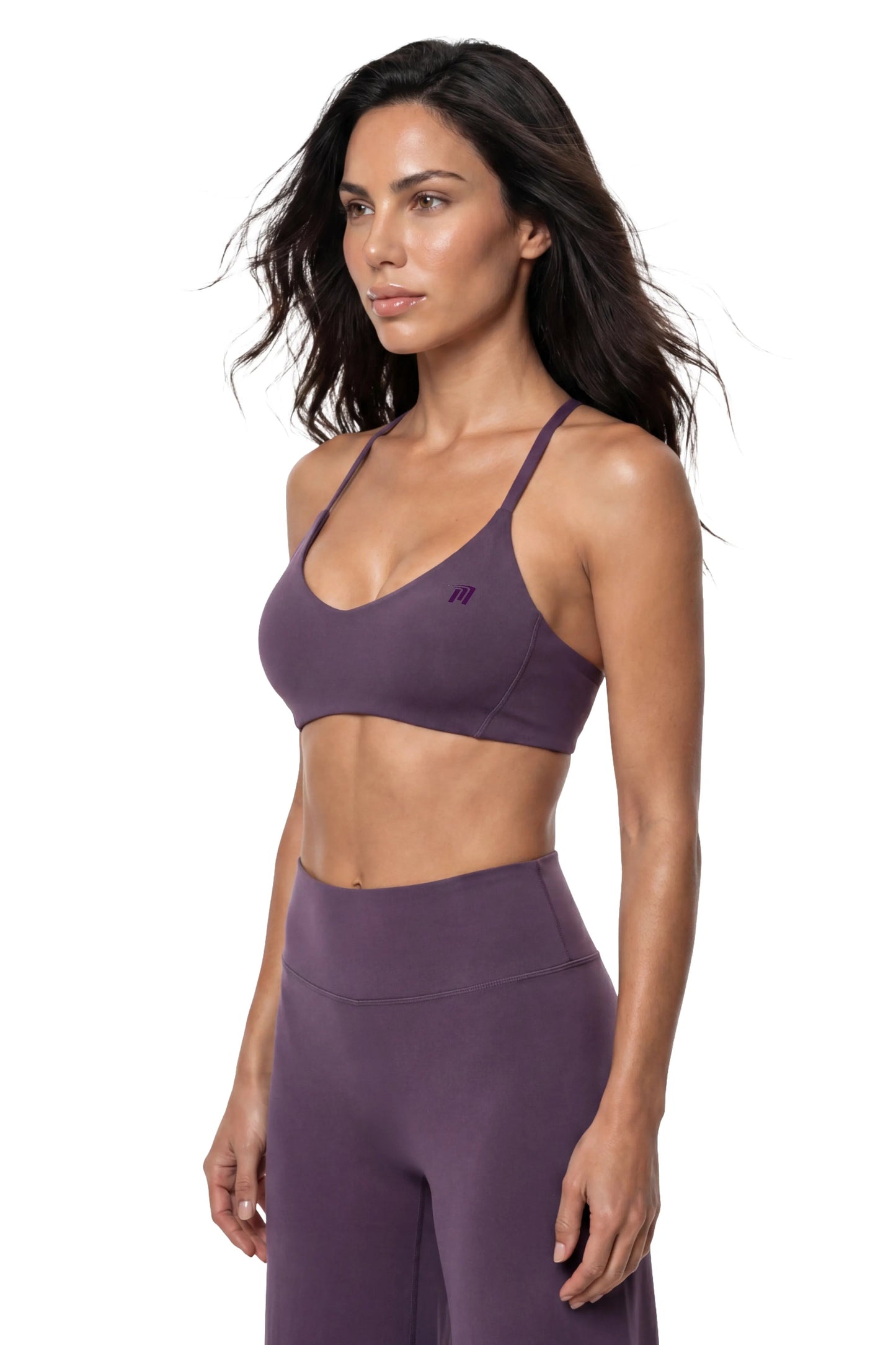 Reggiseno Sportivo Viola Donna con Allacciatura al Collo Regolabile e Coppe Rimovibili Alta Compressione - Vista frontale laterale